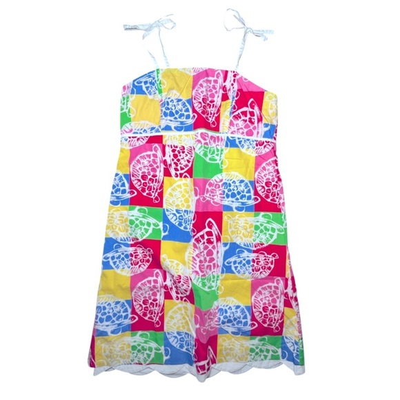 Lilly Pulitzer Carolina Colorful Turtle Patch Tie Strap Sundress Girls Size 16 - Picture 1 of 9